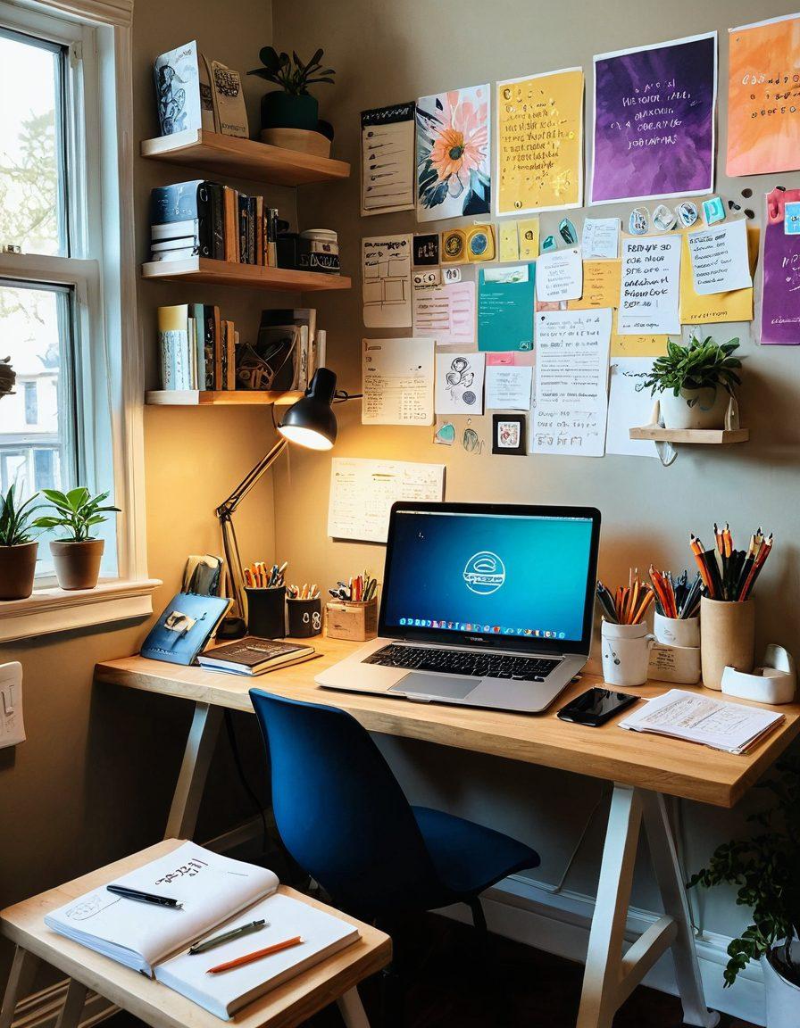 A creative workspace showcasing a laptop with a colorful blog interface open, surrounded by notebooks, art supplies, and a cup of steaming coffee. Inspire the viewer with a dreamy atmosphere featuring soft lighting and motivational quotes on sticky notes. Incorporate elements of digital content like short videos, infographics, and social media icons in the background. Capture the essence of creativity and productivity. painting. vibrant colors.