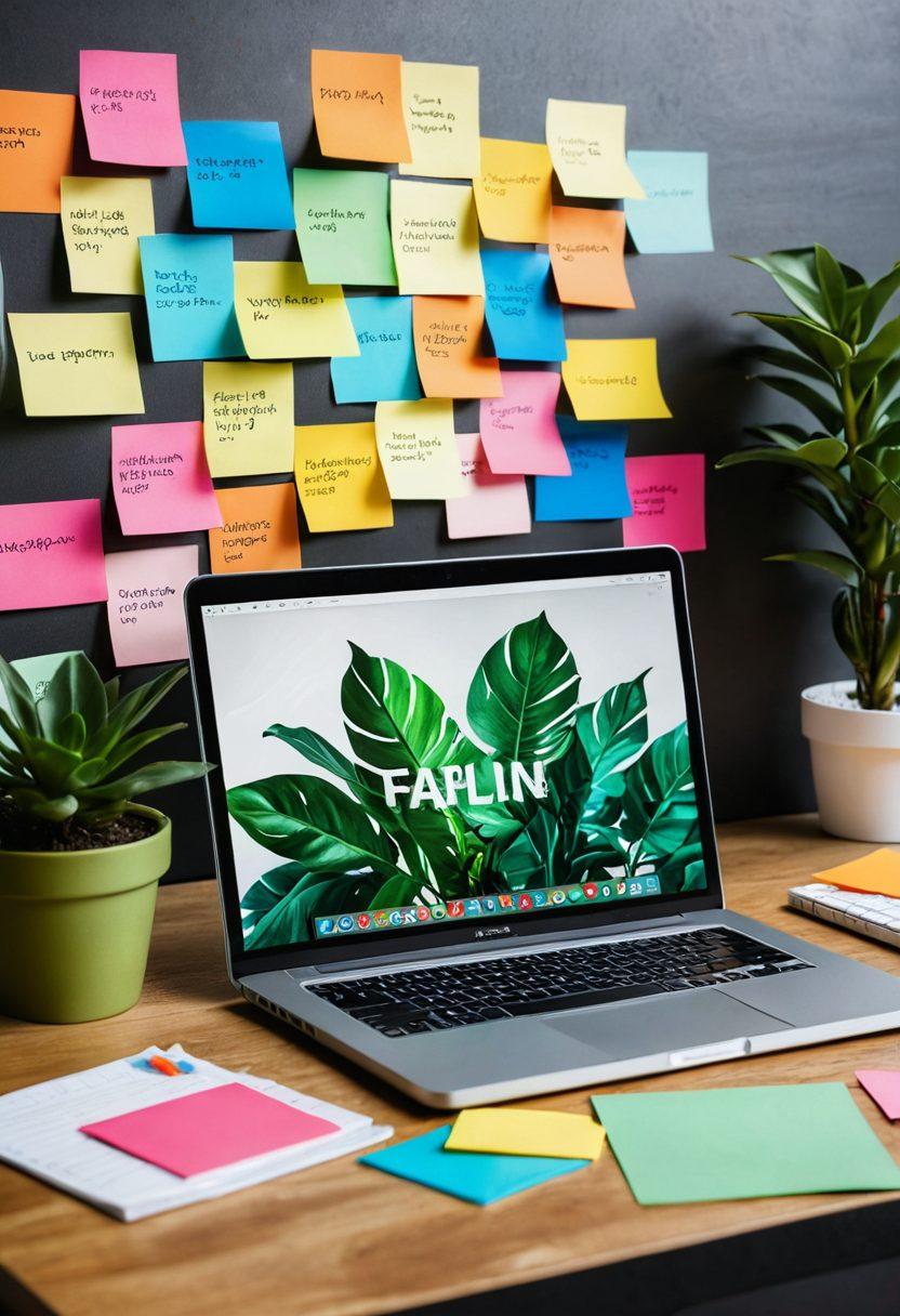 A visually engaging workspace featuring a laptop with a blog open, surrounded by colorful sticky notes, a potted plant, and a coffee cup. Include vibrant icons representing social media platforms emerging from the laptop screen, symbolizing online presence. The background should be bright and dynamic, evoking creativity and energy. super-realistic. vibrant colors. modern design.