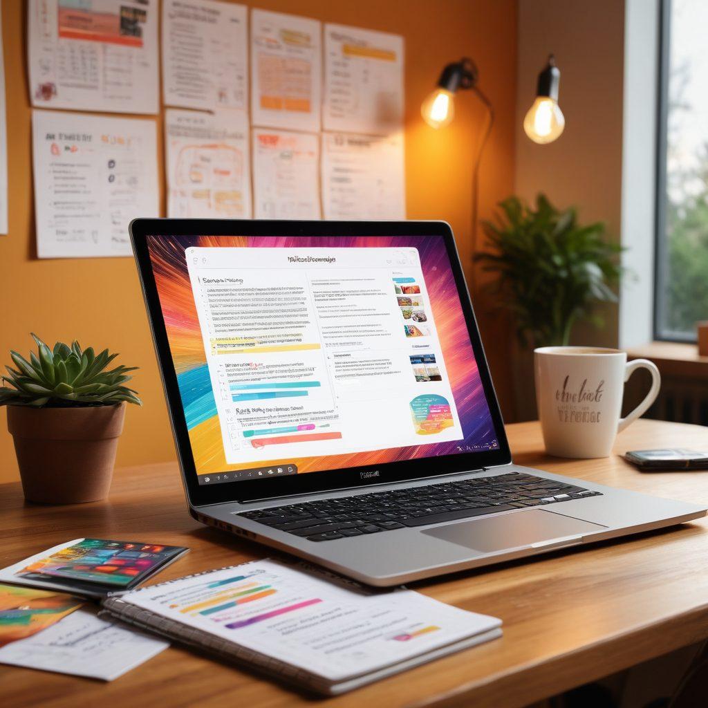 An open laptop displaying a vibrant digital storytelling interface filled with colorful graphics and text. Surrounding the laptop are notepads, a coffee mug, and creative brainstorming sketches. In the background, soft light illuminates a cozy workspace filled with inspirational quote posters. The overall atmosphere should express innovation and creativity in content creation. super-realistic. warm colors. cozy ambiance.